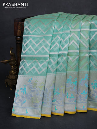 Teal Blue & Yellow Kora Jamdhani Silk Saree