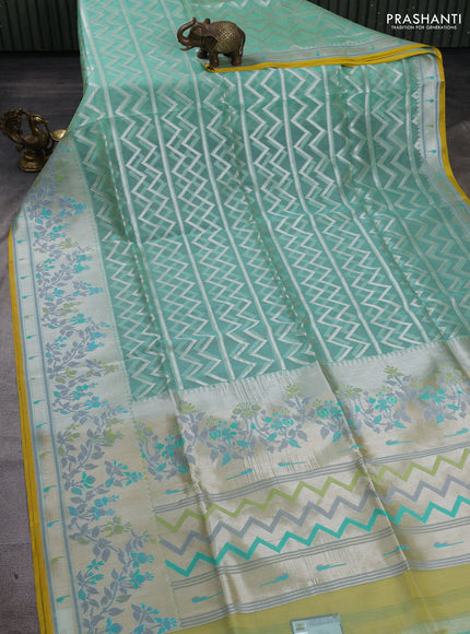 Teal Blue & Yellow Kora Jamdhani Silk Saree