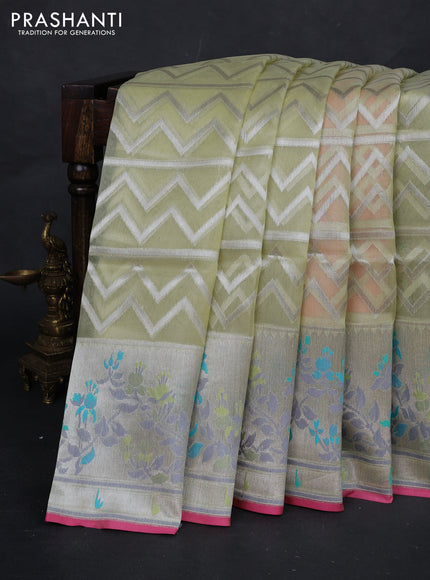 Pista Green & Pink Kora Jamdhani Silk Saree