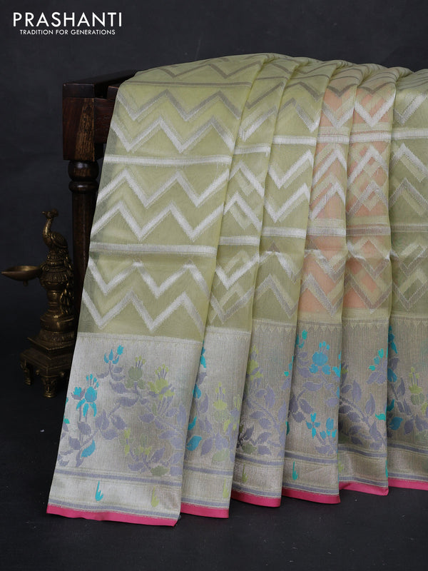 Pista Green & Pink Kora Jamdhani Silk Saree