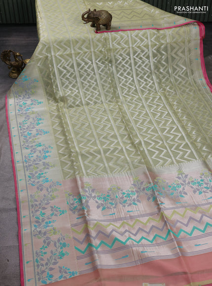 Pista Green & Pink Kora Jamdhani Silk Saree