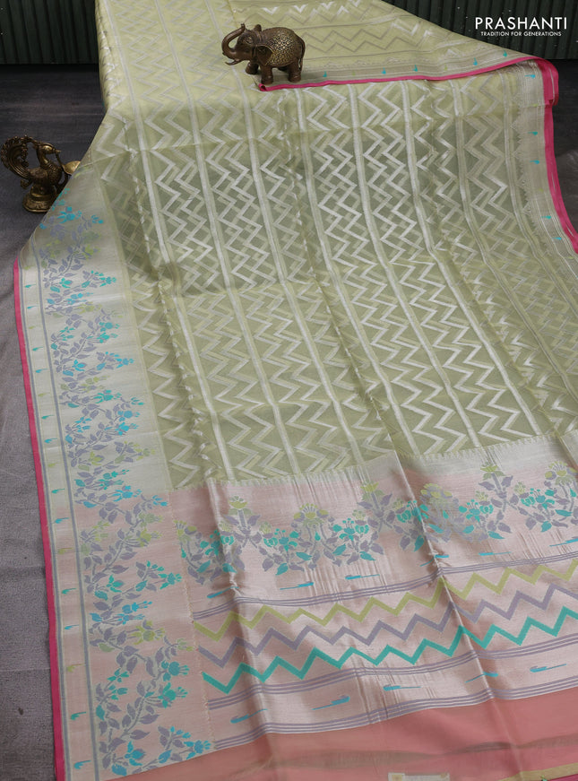 Pista Green & Pink Kora Jamdhani Silk Saree