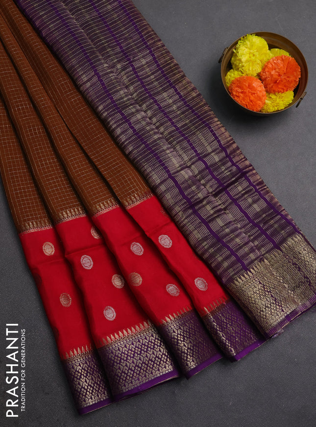 Brown & Purple Semi Mysore Silk Saree - Checks