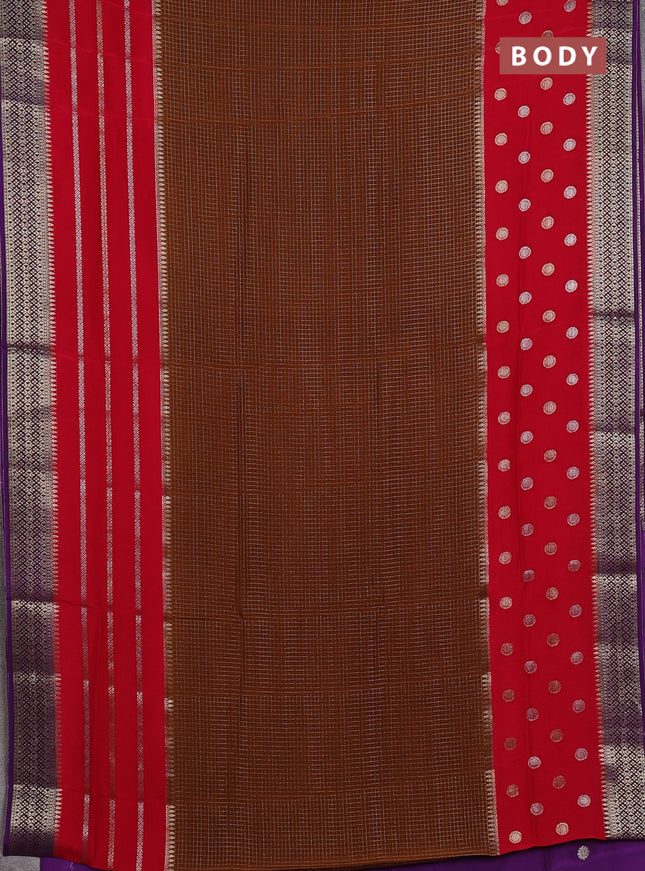 Brown & Purple Semi Mysore Silk Saree - Checks