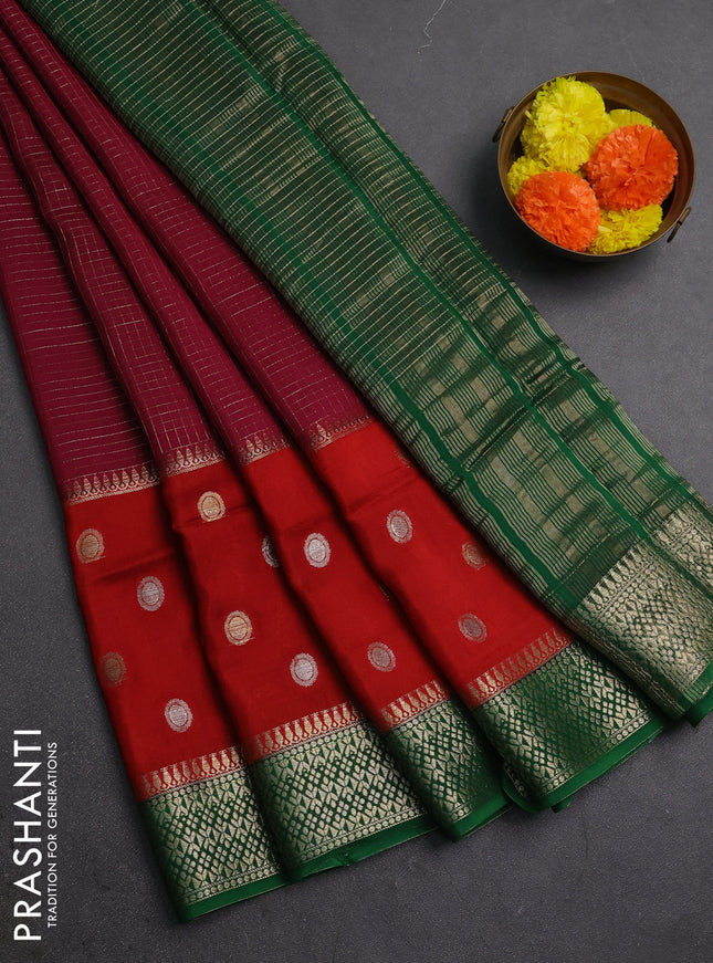 Wine & Green Semi Mysore Silk Saree - Checks