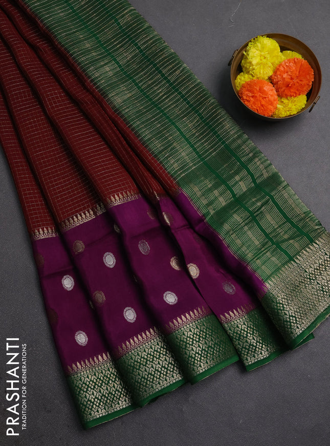 Maroon & Green Semi Mysore Silk Saree - Checks