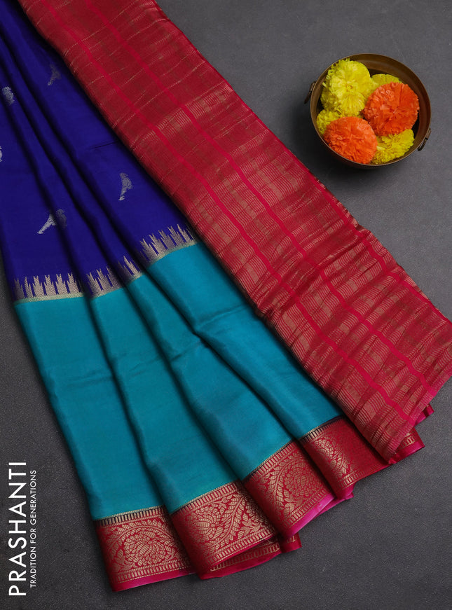 Bule & Teal Green Semi Mysore Silk Saree - Buttas