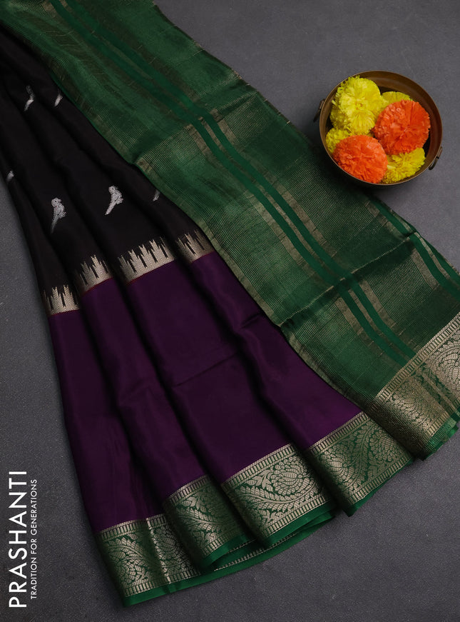 Black & Purple Semi Mysore Silk Saree - Buttas