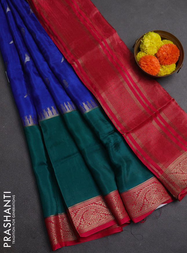 Blue & Green Semi Mysore Silk Saree - Buttas