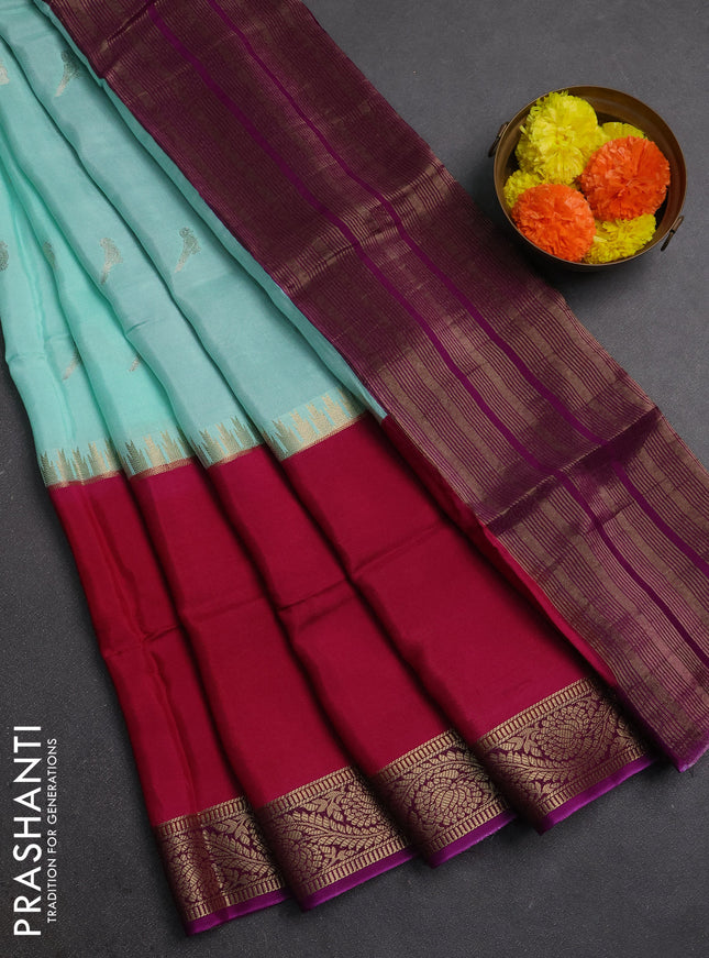 Teal Green & Pink Semi Mysore Silk Saree - Buttas