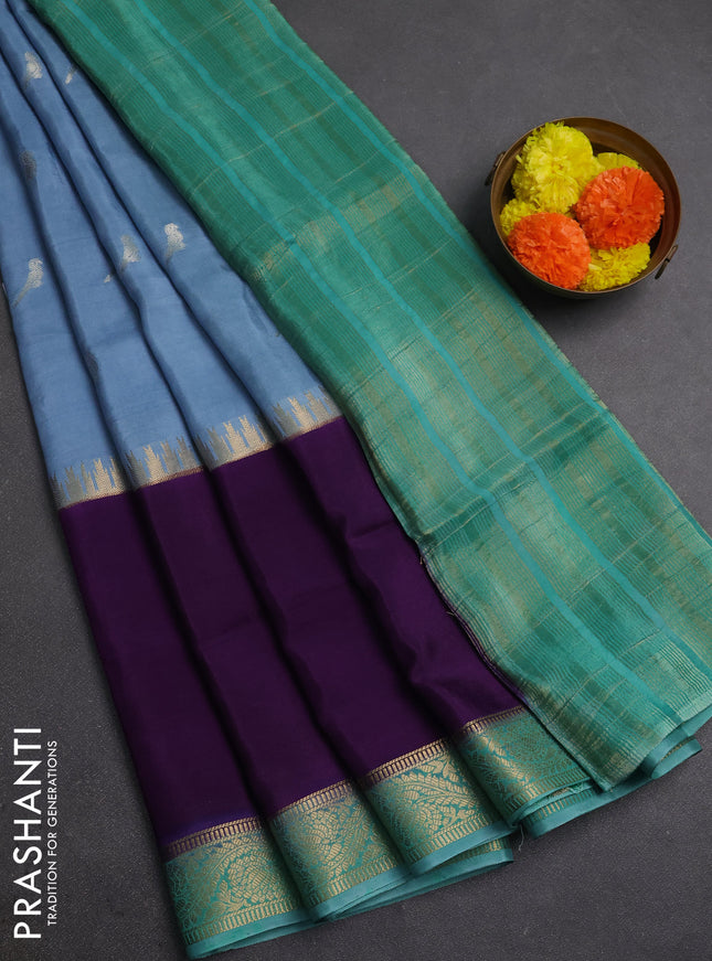 Grey & Purple Semi Mysore Silk Saree - Buttas