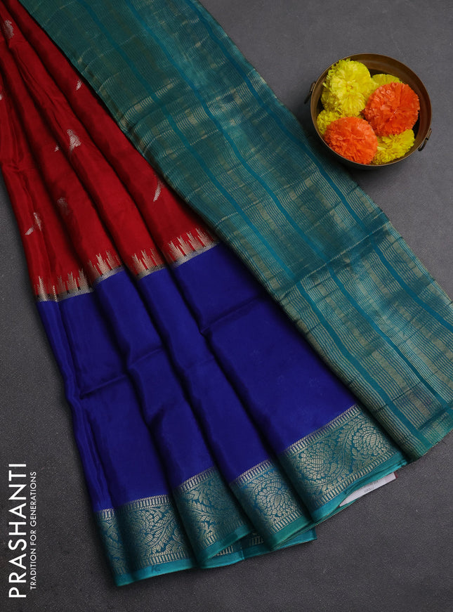 Red & Blue Semi Mysore Silk Saree - Buttas