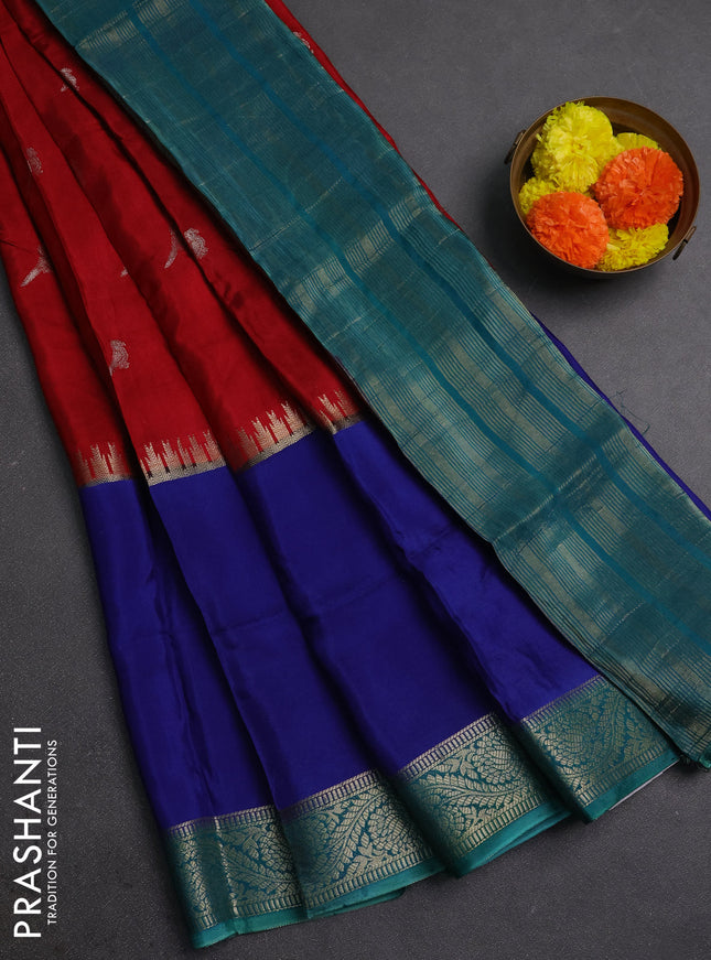 Red & Blue Semi Mysore Silk Saree - Buttas