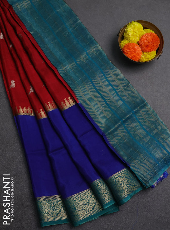 Red & Blue Semi Mysore Silk Saree - Buttas