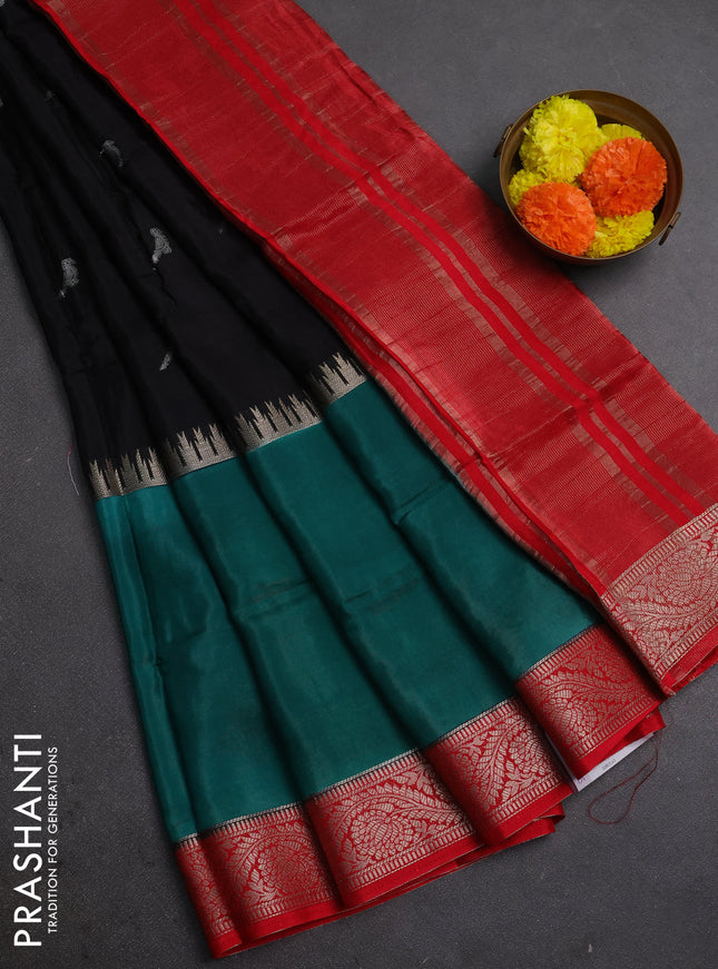 Black & Green Semi Mysore Silk Saree - Buttas