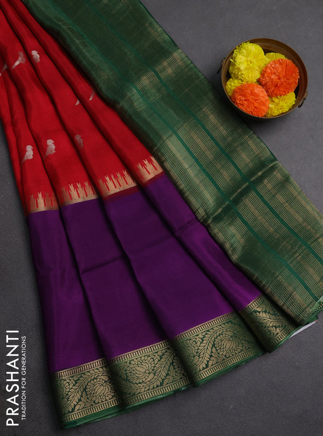 Red & Purple Semi Mysore Silk Saree - Buttas