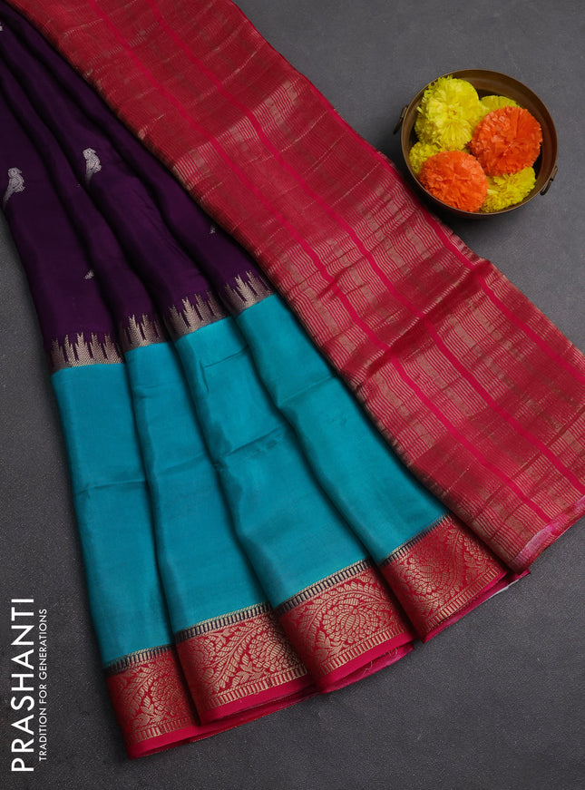 Purple & Teal Green Semi Mysore Silk Saree - Buttas