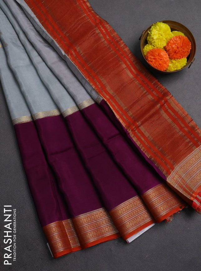 Grey & Purple Semi Mysore Silk Saree - Buttas