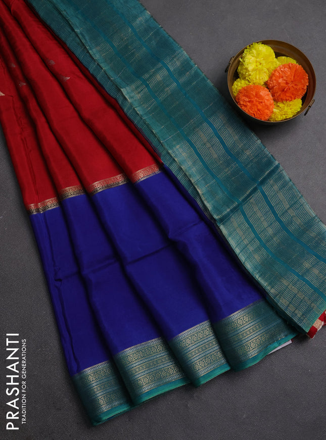Red  & Blue Semi Mysore Silk Saree - Buttas