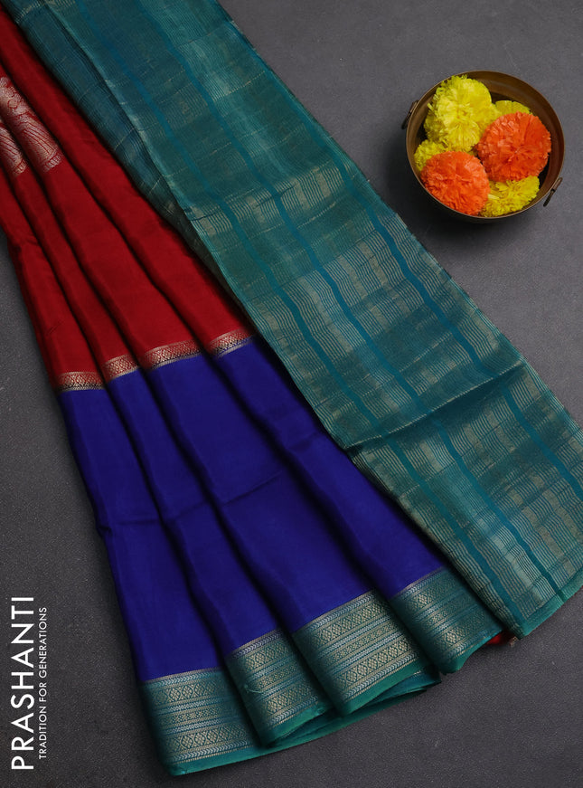 Maroon  & Blue Semi Mysore Silk Saree - Buttas