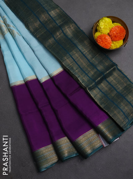 Blue & Purple Semi Mysore Silk Saree - Buttas