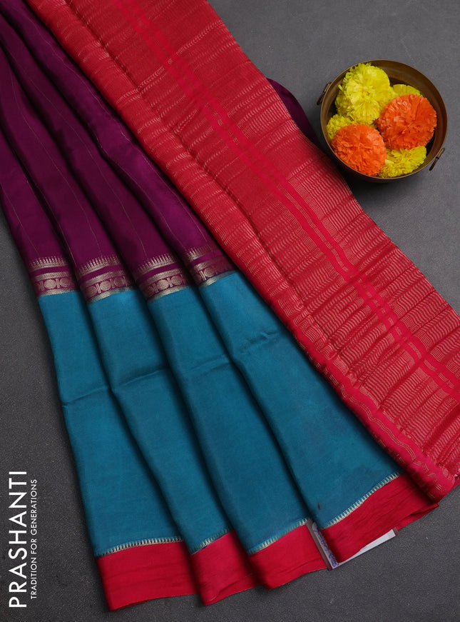 Purple & Teal Blue Semi Mysore Silk Saree - Weaves