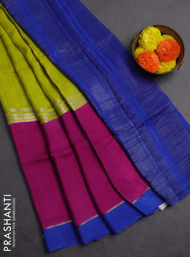 Lime Green & Blue Semi Mysore Silk Saree - Weaves