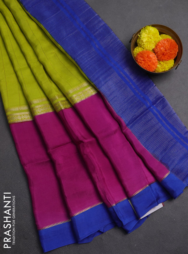 Lime Green & Blue Semi Mysore Silk Saree - Weaves