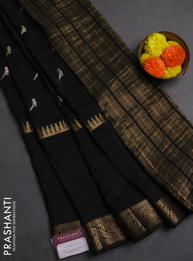 Black & Orange Semi Mysore Silk Saree - Buttas