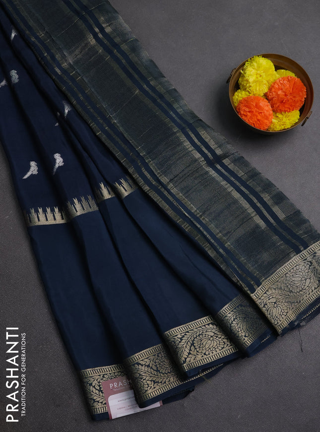 Peacock Blue & Mustard Yellow Semi Mysore Silk Saree - Buttas