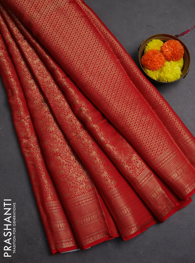 Red & Pink Semi Mysore Silk Saree - Brocade Weaves