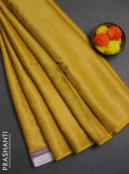 Mustard Yellow & Green Semi Mysore Silk Saree - Brocade Weaves