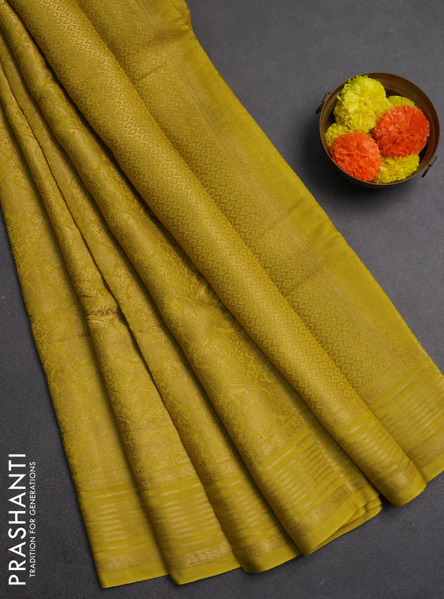 Mustard Yellow & Purple Semi Mysore Silk Saree - Brocade Weaves