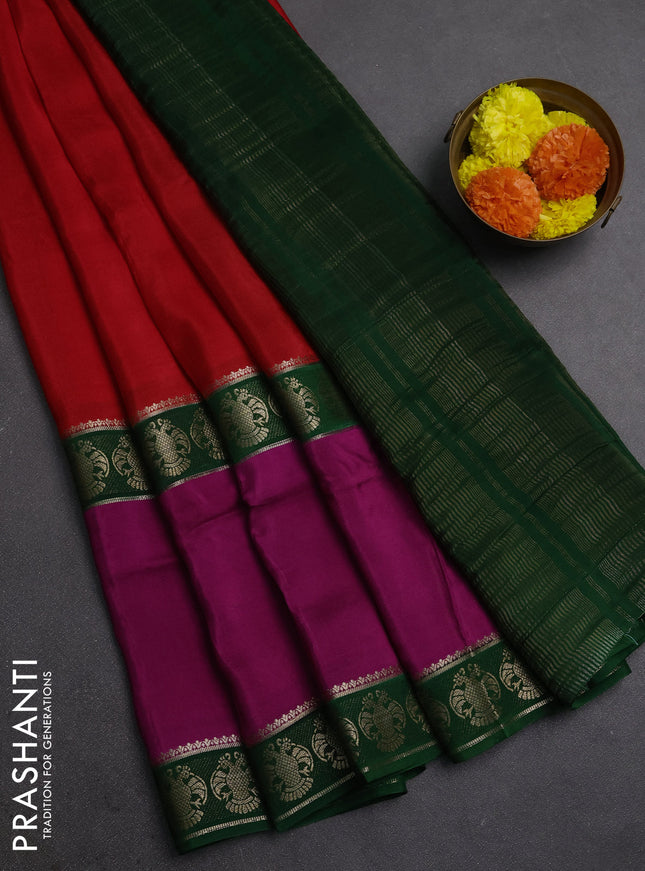 Red & Magenta Pink Semi Mysore Silk Saree
