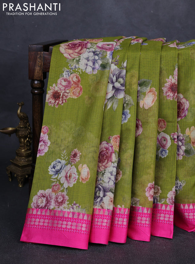 Green & Pink  Kota Silk Cotton Saree - Floral Prints