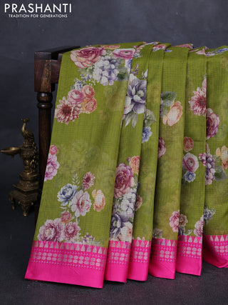 Green & Pink  Kota Silk Cotton Saree - Floral Prints