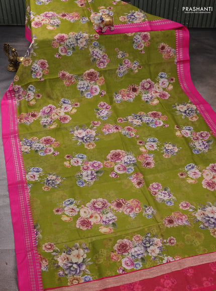 Green & Pink  Kota Silk Cotton Saree - Floral Prints
