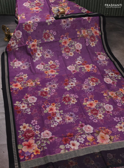 Purple & Black  Kota Silk Cotton Saree - Floral Prints