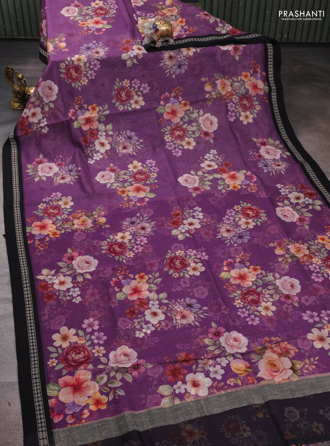 Purple & Black  Kota Silk Cotton Saree - Floral Prints