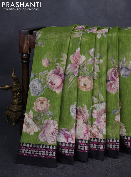 Green & Black  Kota Silk Cotton Saree - Floral Prints