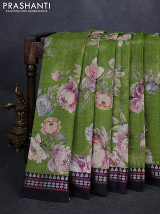 Green & Black  Kota Silk Cotton Saree - Floral Prints