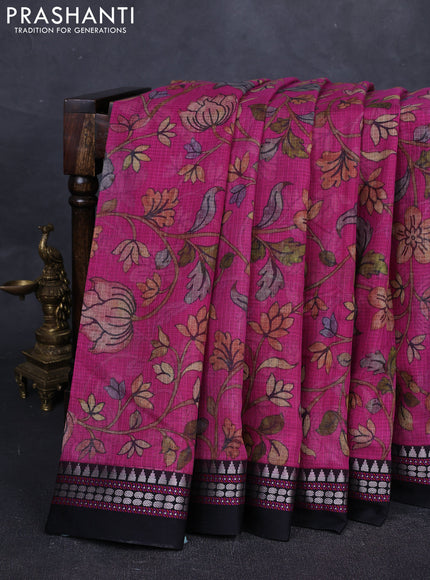 Magenta Pink & Black  Kota Silk Cotton Saree - Floral Prints