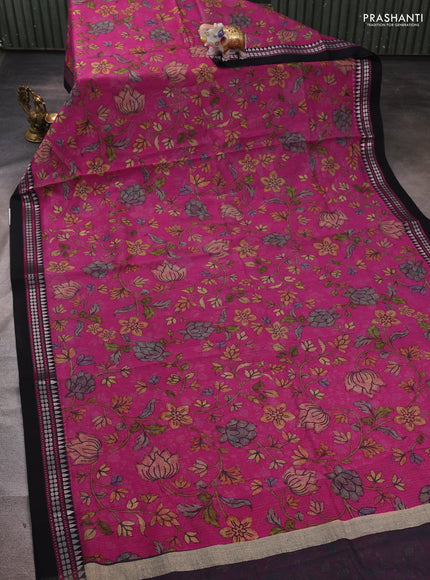 Magenta Pink & Black  Kota Silk Cotton Saree - Floral Prints