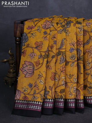 Mustard yellow & Black  Kota Silk Cotton Saree - Floral Prints