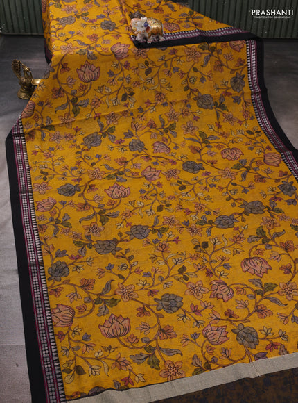 Mustard yellow & Black  Kota Silk Cotton Saree - Floral Prints