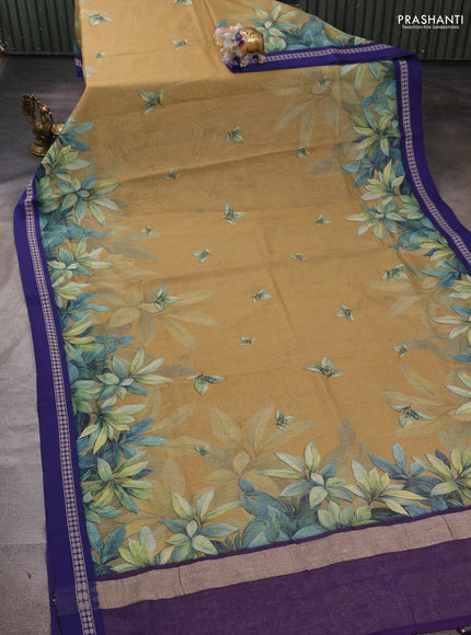 Sandal & Blue  Kota Silk Cotton Saree - Floral Prints