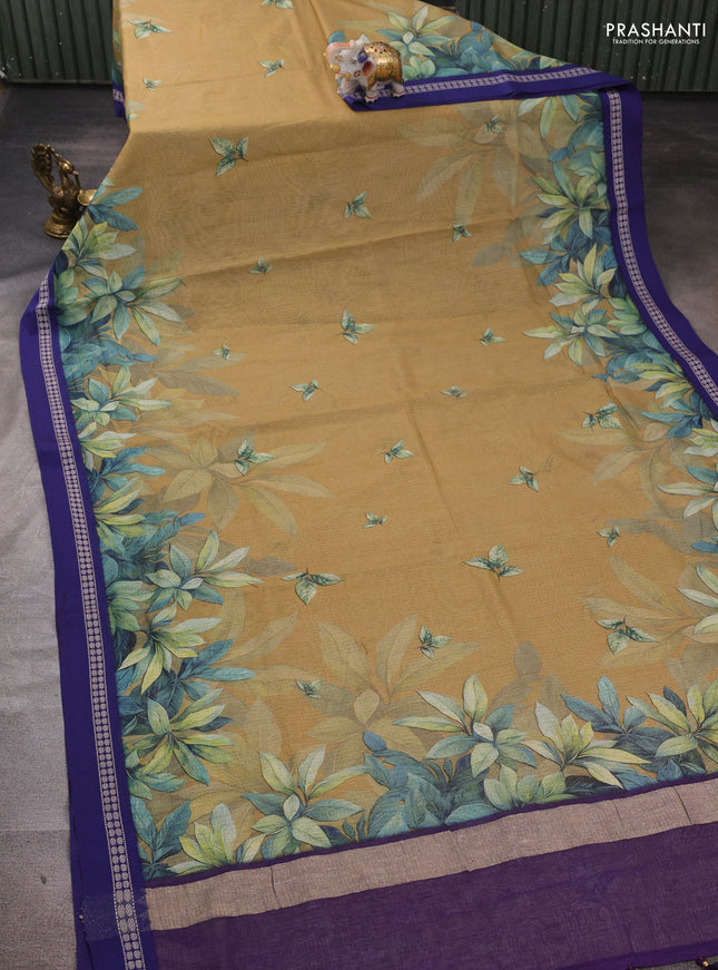 Sandal & Blue  Kota Silk Cotton Saree - Floral Prints