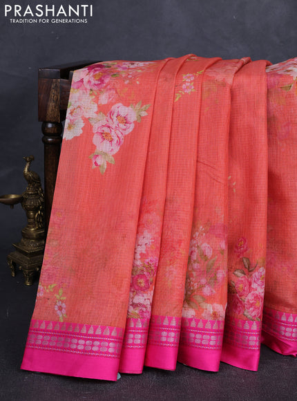 Peach & Pink Kota Silk Cotton Saree - Floral Prints