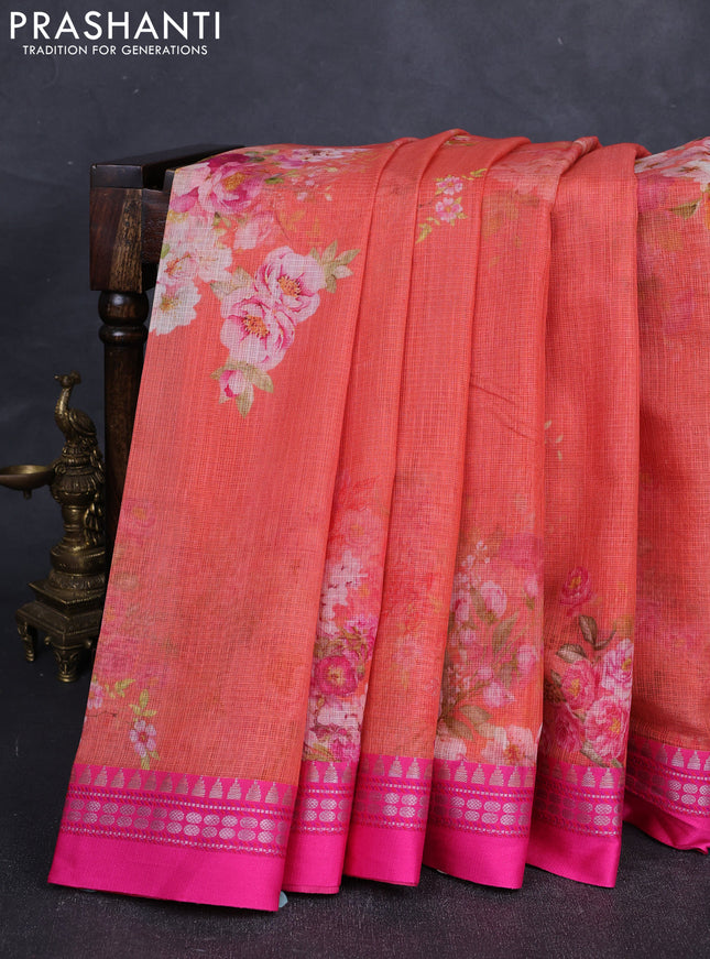 Peach & Pink Kota Silk Cotton Saree - Floral Prints
