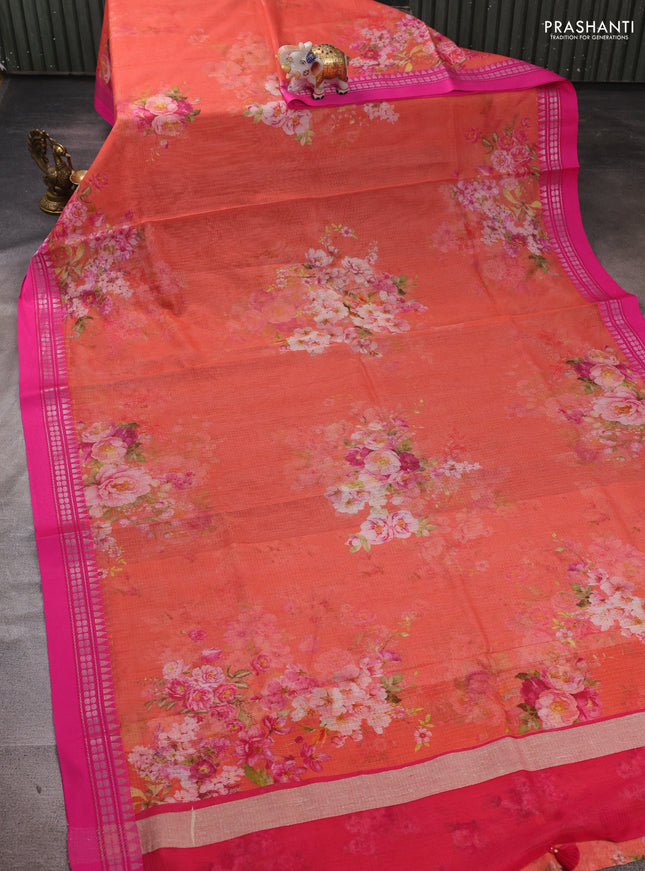 Peach & Pink Kota Silk Cotton Saree - Floral Prints